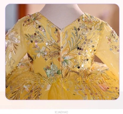 2025 Vestido de fiesta Vestido niños niñas vestidos de novia amarillos disfraz niños flor niña desfile Piano actuación tutú traje