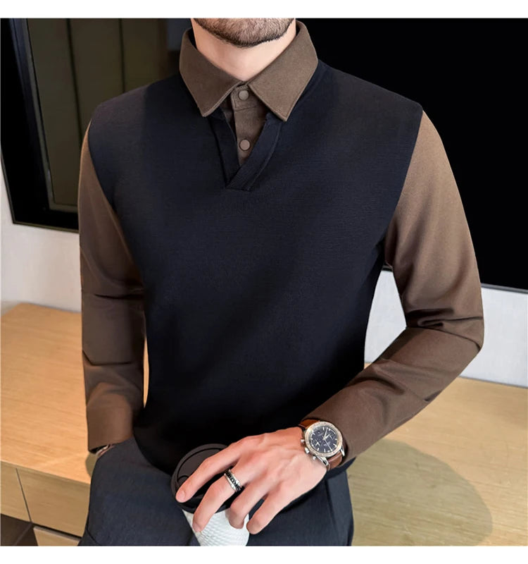 Suéter de punto de alta calidad para hombre, camisa de lana gruesa con cuello empalmado, suéteres con cuello en V, suéter de punto de dos piezas para Otoño e Invierno