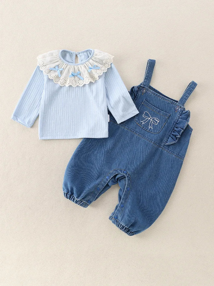 Conjunto de 2 piezas de lujo coreano para niña, conjunto de camiseta y camiseta a la moda con cuello de encaje, pelele elegante de Estilo Princesa, traje de otoño