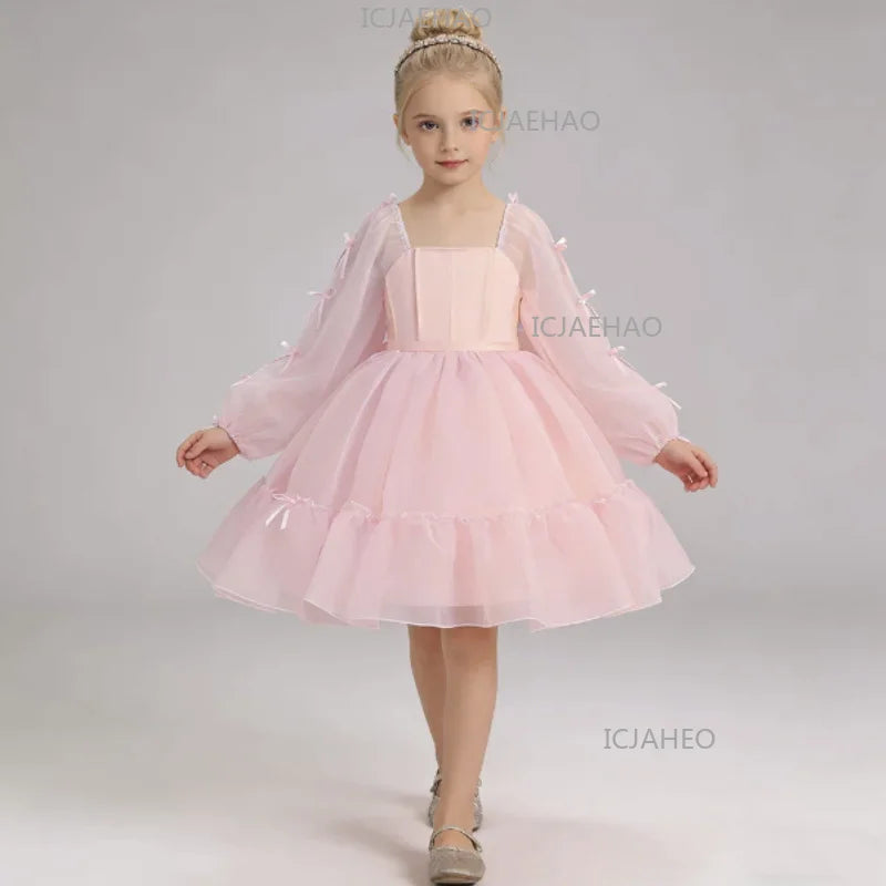 Vestido de Cumpleaños para Niñas, Disfraz de Dama de Honor, Vestido de Princesa de Tul Blanco de Manga Larga, Traje de Gala para Niñas
