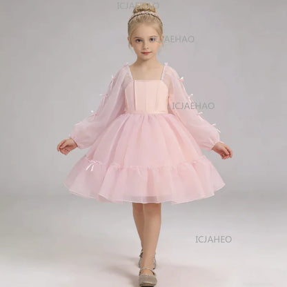 Vestido de Cumpleaños para Niñas, Disfraz de Dama de Honor, Vestido de Princesa de Tul Blanco de Manga Larga, Traje de Gala para Niñas