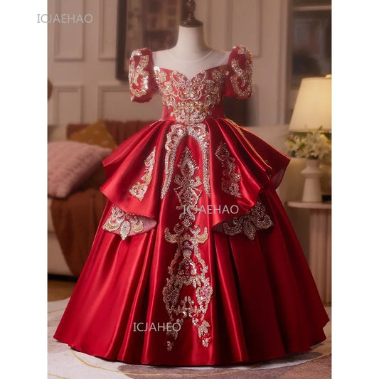 Vestido de fiesta rojo niños niñas desfile presentador cumpleaños boda flor niña Piano Recital vestido de actuación vestidos formales para niños pequeños