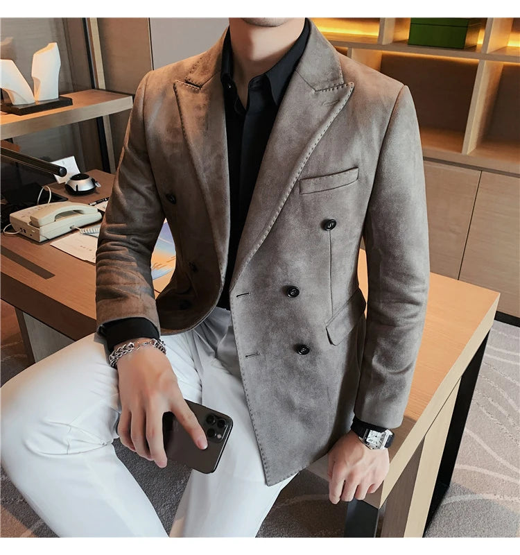 Chaqueta de ante con botones de doble botonadura para hombre, traje de negocios informal, ropa de calle Social, otoño e invierno, 2023