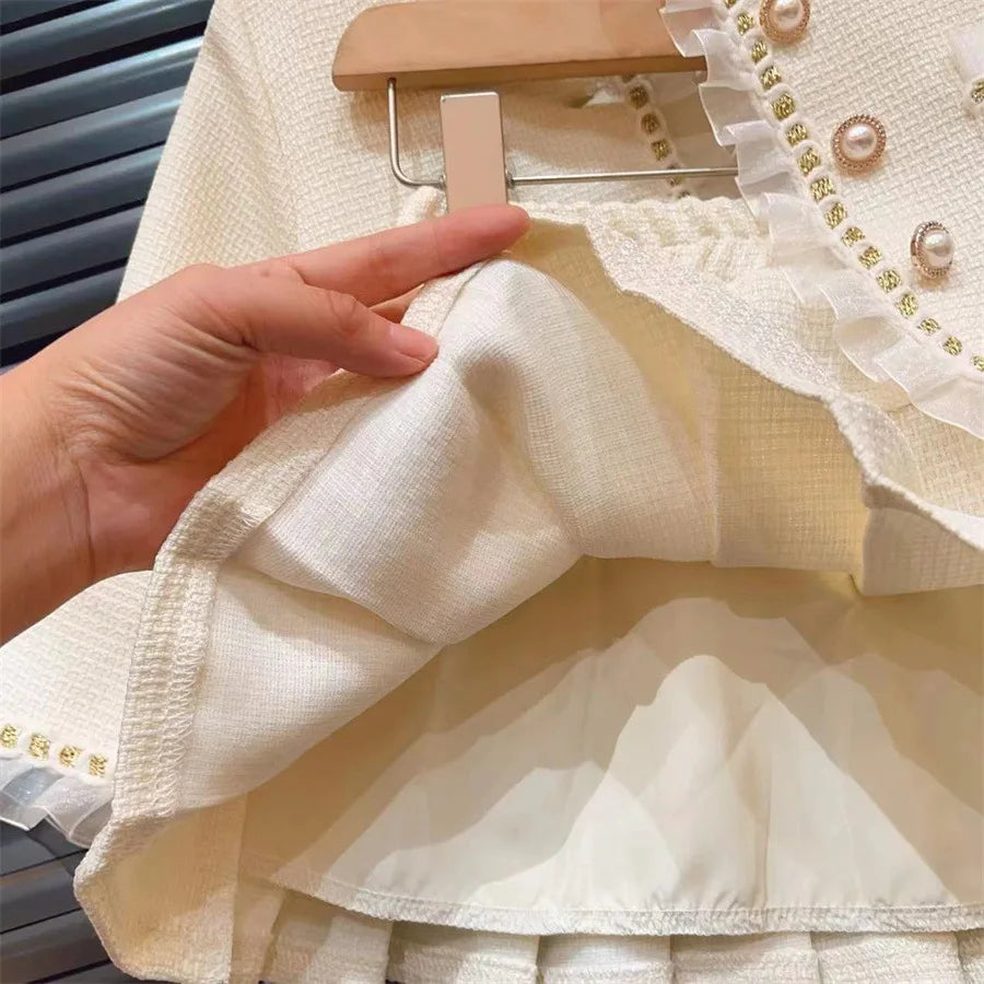 Conjunto de dos piezas de moda para niña, chaqueta de encaje, Falda corta, colección de primavera y otoño, novedad de 2024