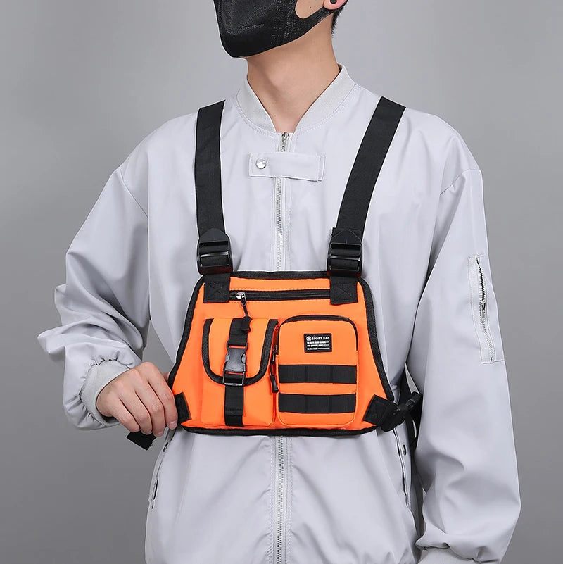 Hip-hop de moda para hombre con múltiples bolsillos bolso de pecho táctico funcional ligero viaje duradero bolso de chaleco deportivo de moda