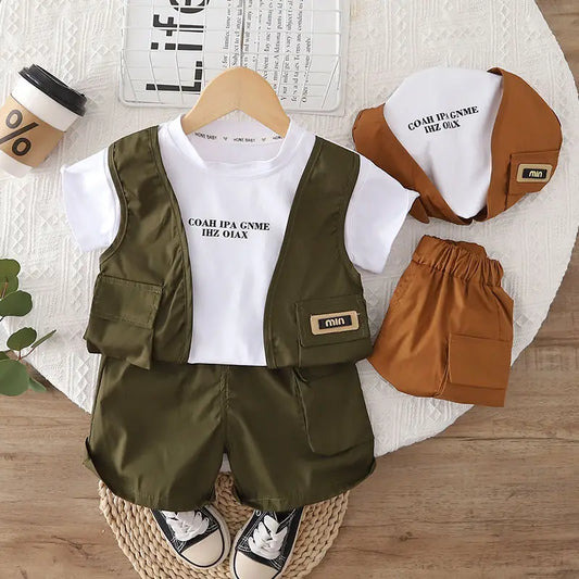 Nueva ropa de verano para niños, ropa de caballero de alta calidad, camiseta de manga corta con retazos, pantalones, ropa informal para niños pequeños