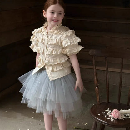 Camisa de Manga Corta con Volantes y Encaje para Niñas, Primavera-Verano 2026, Estilo Retro y Lindo