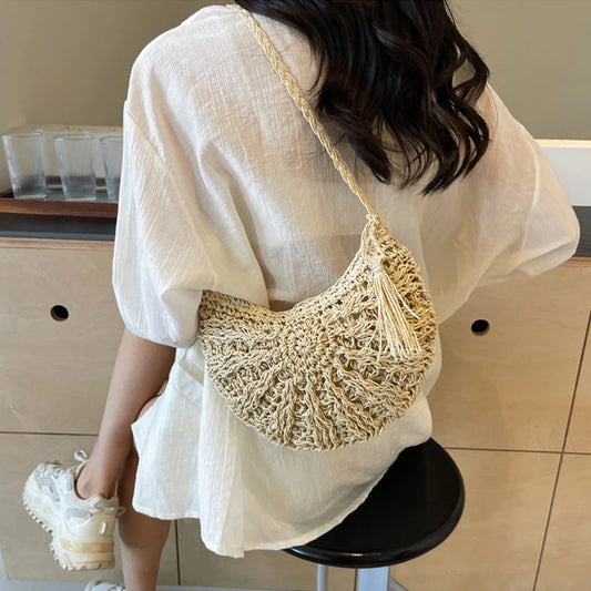 Bolso de paja semicircular para mujer, bolso de hombro de mimbre para playa de verano, bolsos cruzados tejidos con cremallera, vacaciones bohemias