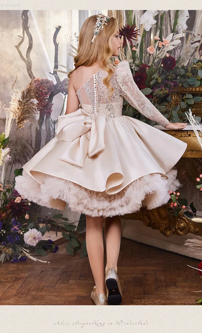 2026 nuevo vestido para niños vestido de princesa con lentejuelas un hombro falda acampanada con lazo Patchwork niños niñas traje Formal de celebración de fiesta