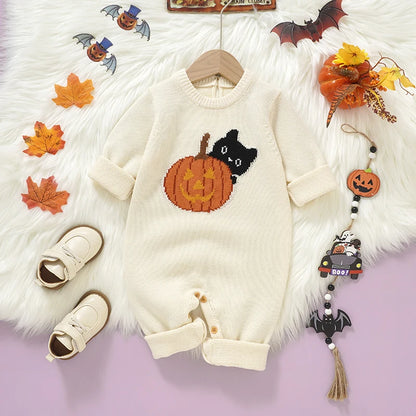 Ropa bonita de punto de calabaza para bebé recién nacido, ropa de Halloween con cuello redondo, peleles de manga larga para niños y niñas, monos de 0 a 18m