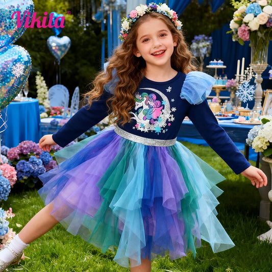 Vestidos Elegantes Irregulares Casuales de Fiesta con Capas de Tul Degradado de Estrellas de Unicornio, Color Azul Marino, con Mangas con Volantes para Niñas, Otoño y Primavera
