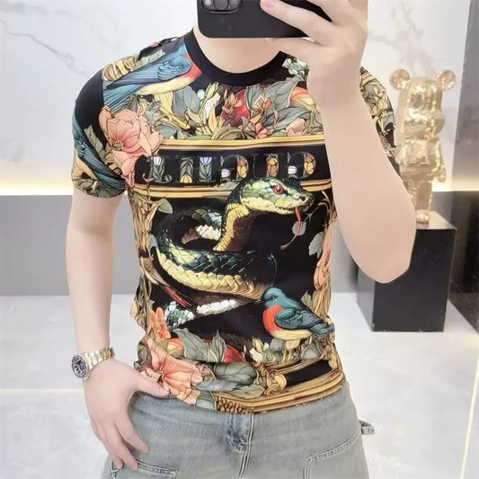 Camiseta de manga corta con estampado de serpiente 3D Retro de marca para hombre, camisetas informales divertidas con cuello redondo, ropa de calle para club nocturno Social de lujo