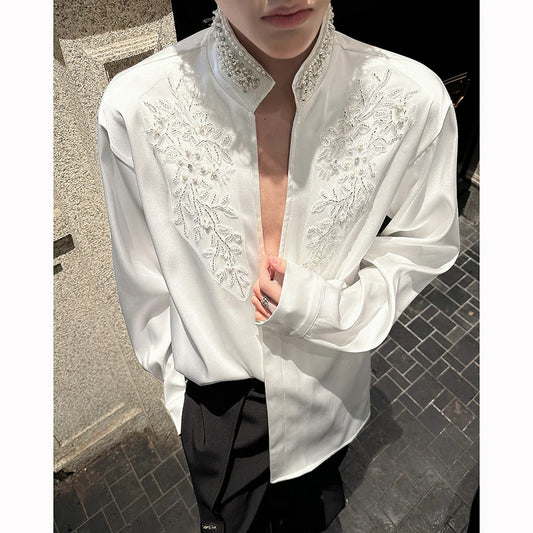 Camisa bordada con cuentas de alta resistencia para hombre, camisa informal holgada de manga larga de seda de imitación, camisas de calle de celebridades sociales, primavera