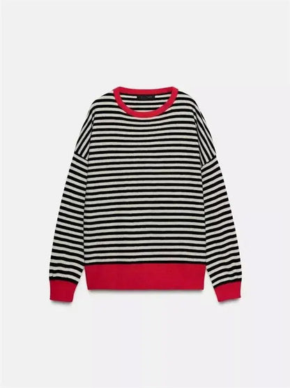 Suéter de punto informal y versátil de manga larga con cuello redondo para mujer, estilo universitario, con patrón de rayas, ...