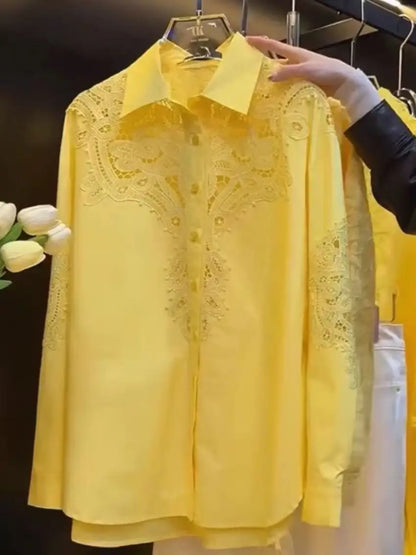 Marca de lujo, blusas de algodón con bordado de encaje calado y lentejuelas brillantes, camisas para mujer, Top informal holgado de manga larga de tendencia 2025