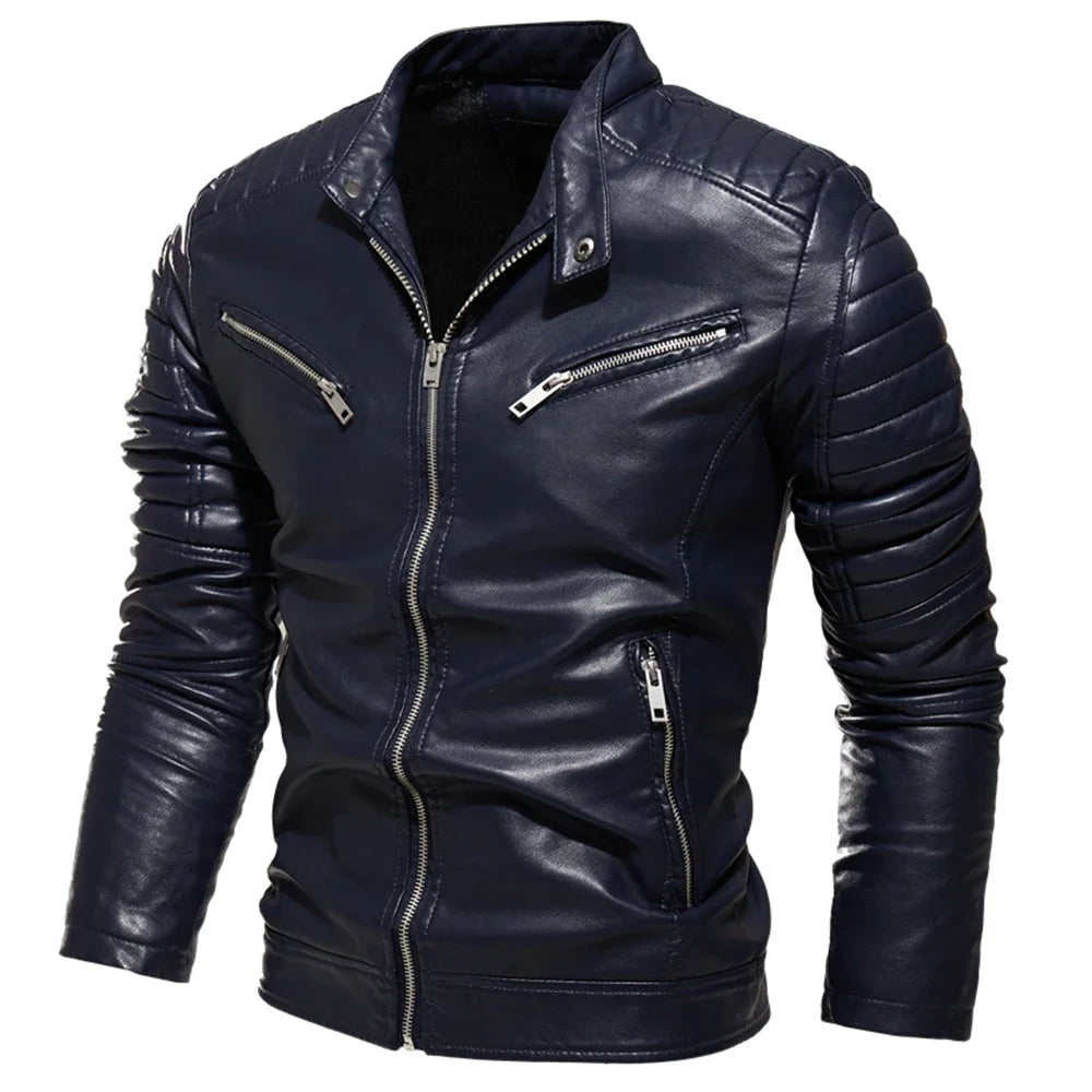 Chaqueta de cuero negro de invierno 2025 para hombre, chaqueta cálida con forro de piel para motocicleta, abrigo de motociclista negro ajustado a la moda urbana, diseño plisado con cremallera
