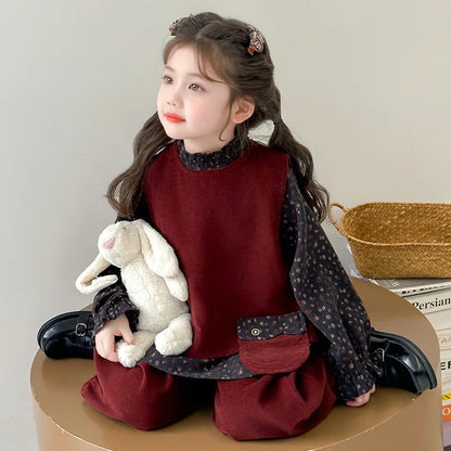 Ropa de moda para niñas 2025, otoño, nueva camisa Floral, chaleco y pantalones de Color sólido, conjunto de 3 piezas de pana