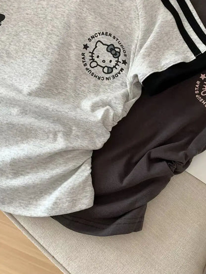 Sanrios HelloKitty, Camiseta de manga corta para niña, Camiseta de algodón puro con dibujos animados de primavera y verano, chaqueta para chicas calientes a rayas Kawaii Y2K para niños