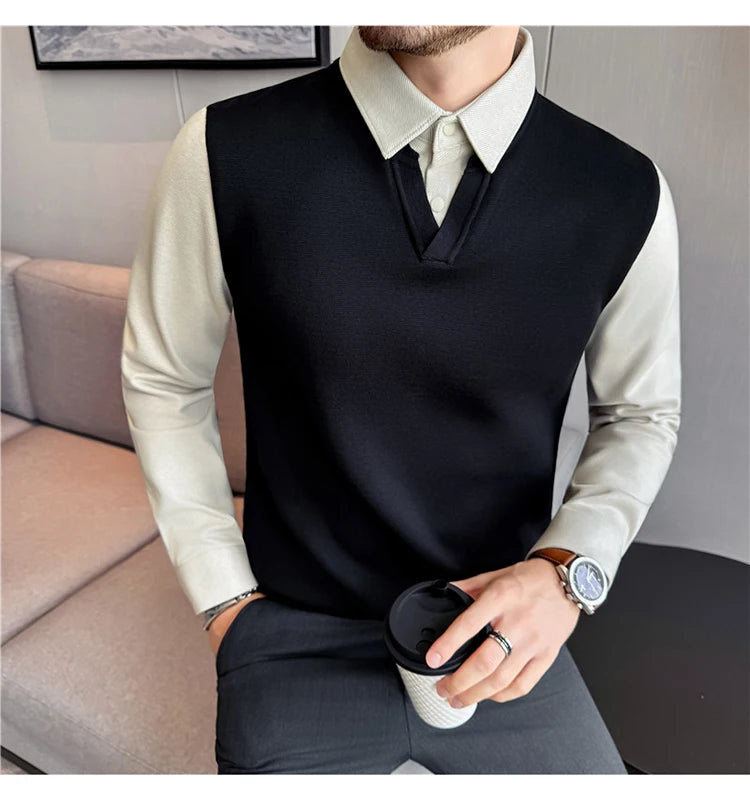 Suéter de punto de alta calidad para hombre, camisa de lana gruesa con cuello empalmado, suéteres con cuello en V, suéter de punto de dos piezas para Otoño e Invierno