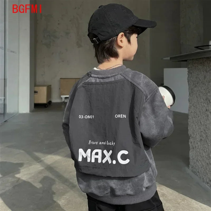 Sudadera para Niño, Estilo Versátil, Nueva Colección 2026, Manga Larga, Gris, Diseño de Parches, Corte Holgado, Estilo Coreano, Unisex, Ropa de Otoño