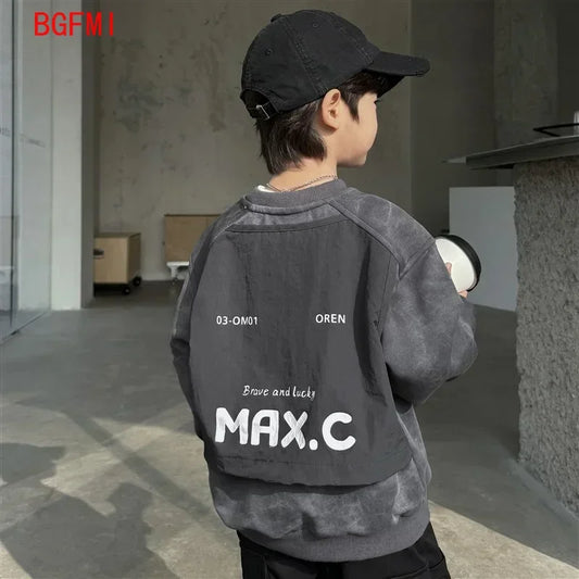 Sudadera para Niño, Estilo Versátil, Nueva Colección 2026, Manga Larga, Gris, Diseño de Parches, Corte Holgado, Estilo Coreano, Unisex, Ropa de Otoño