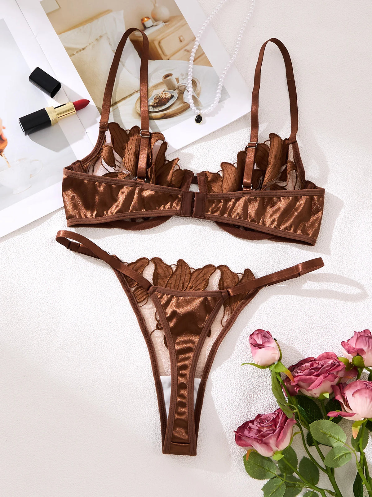 Conjunto de Lencería de Encaje Bordado Floral Estilo Francés, Sujetador Sexy y Suave con Copas de Acero, para el Día de San Valentín ZA825031