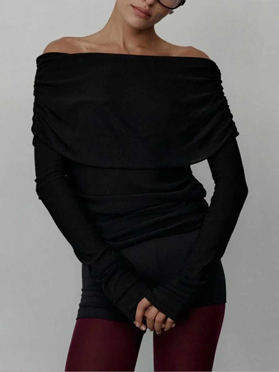 Suéter de punto para mujer con hombros descubiertos, top de manga larga, jersey, ropa de otoño-invierno en rojo, gris, marrón y blanco