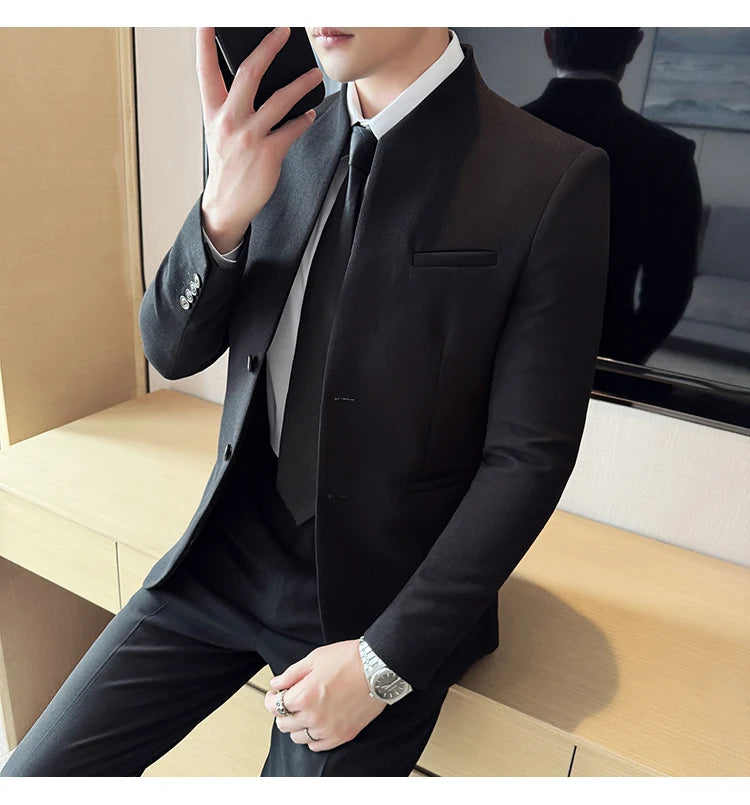 Chaqueta de traje con cuello levantado de alta calidad para hombre, chaquetas de negocios informales, abrigo coreano con gofres para boda, novio, banquete, vestido de fiesta, 2025