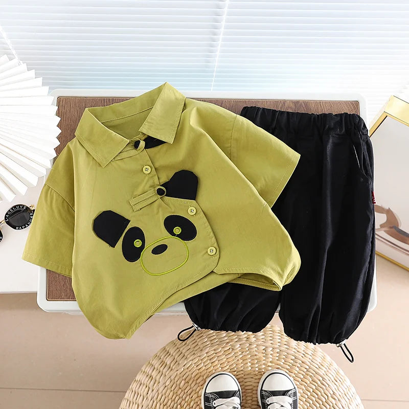 Ropa de algodón para niños, camisa de Panda de dibujos animados, pantalones cortos, 2 unids/set, chándales de moda para niños pequeños, prendas de vestir