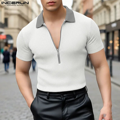 INCERUN-Camisa de punto para hombre, con solapa de retales, manga corta, cremallera, ropa para hombre, Tops, ropa de calle de verano, Camisas de moda con bloques de color