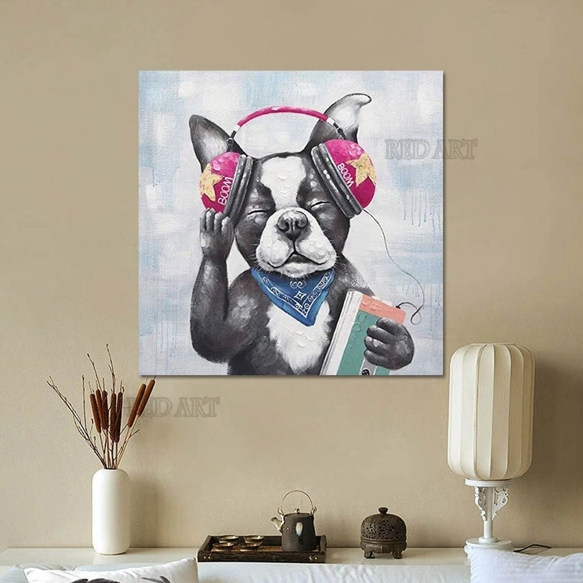 Imagen de animales de dibujos animados, perro encantador, escucha música, regalo abstracto hecho a mano para niños, pintura al óleo sin marco, lienzo de pared, póster artístico de dibujos animados