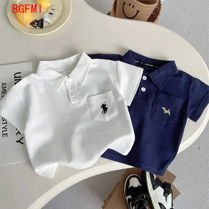 Conjunto de camisa Polo fina de verano para niños pequeños, camisa bordada de dibujos animados de manga corta para bebés + pantalones cortos informales completamente estampados, conjunto de 2 uds.