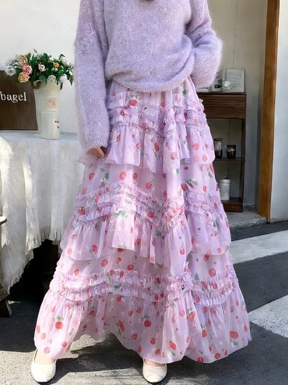 Primavera Verano 2026 Falda Larga de Tul Estampada de Cintura Alta con Empalmes Asimétricos, Falda de Pastel Colorida, Estilo...