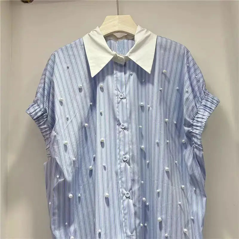 Nuevas Blusas de algodón con cuentas de peras, camisas informales holgadas a rayas para mujer, Blusas de manga corta de gran tamaño con tendencia de verano 2025