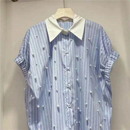 Nuevas Blusas de algodón con cuentas de peras, camisas informales holgadas a rayas para mujer, Blusas de manga corta de gran tamaño con tendencia de verano 2025