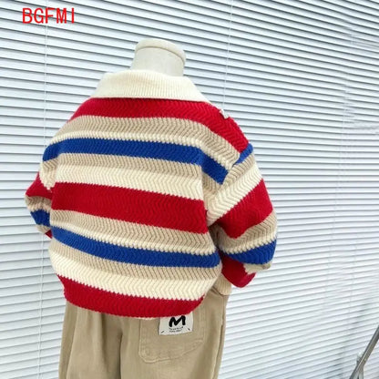 Nuevo suéter para niños, suéter de punto a rayas gruesas, jersey de otoño e invierno para niños, Top informal para niños, abrigo con cuello POLO para bebés y niños pequeños