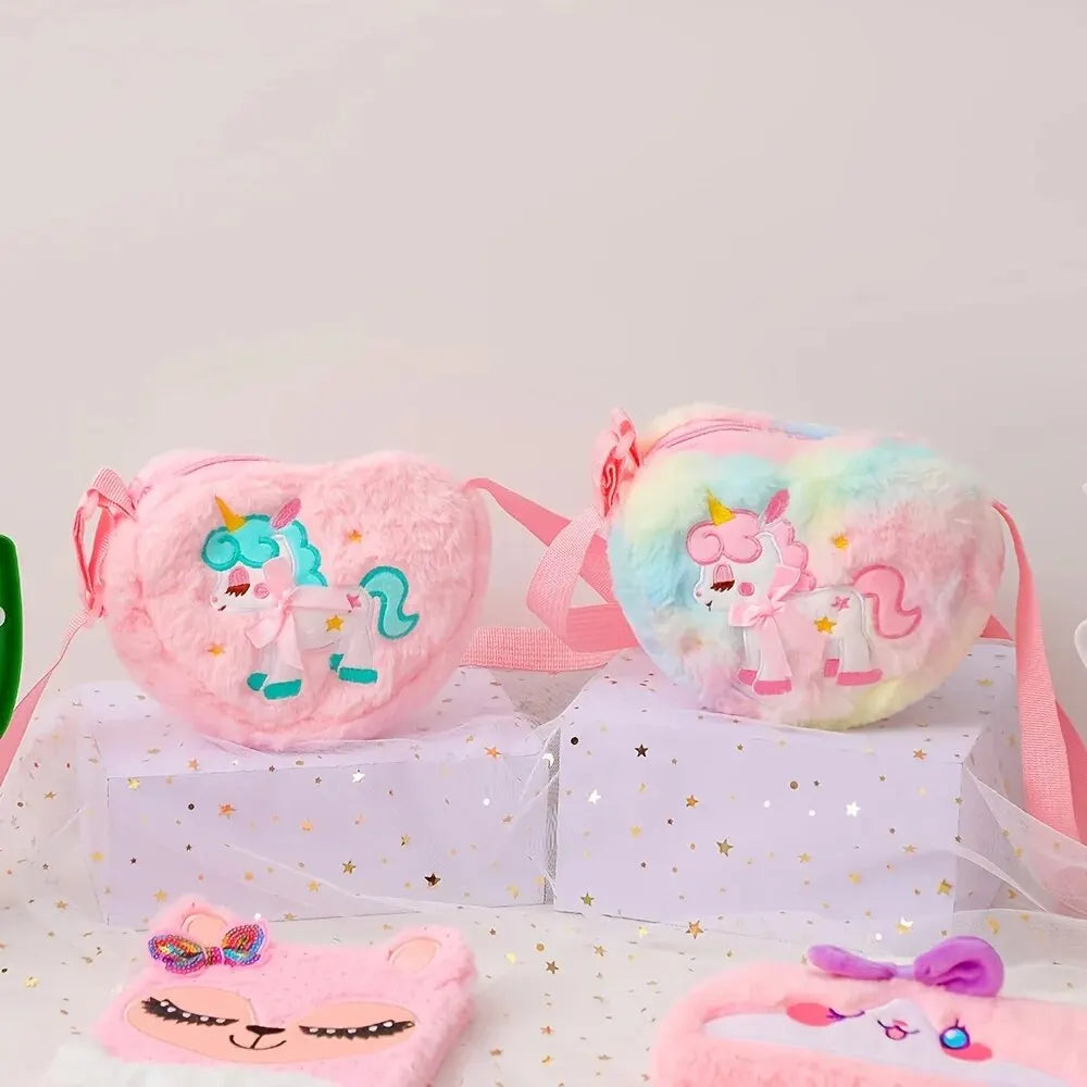 Lindo unicornio para niñas, bolso de hombro con cremallera de corazón de felpa, bolso de mensajero, monedero, cartera, bolso cruzado, regalo para niños, Mochila pequeña