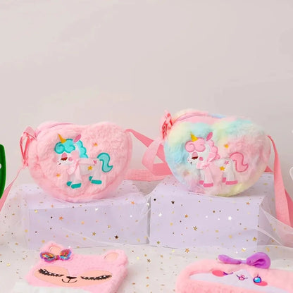 Lindo unicornio para niñas, bolso de hombro con cremallera de corazón de felpa, bolso de mensajero, monedero, cartera, bolso cruzado, regalo para niños, Mochila pequeña