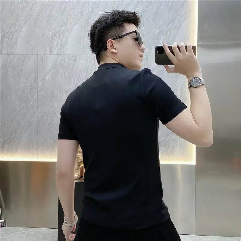 Camiseta de lujo con diamantes de imitación para hombre, camiseta informal ajustada de manga corta con cuello redondo, camiseta Social de negocios, ropa para hombre