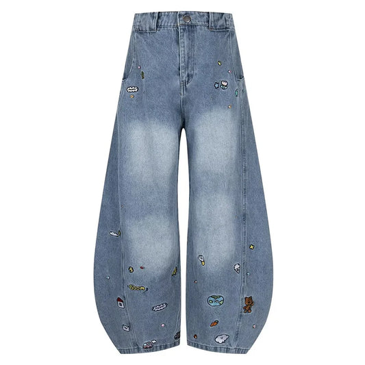 Pantalones vaqueros rectos holgados bordados de dibujos animados de primavera para hombre moda de venta al por menor pantalones vaqueros curvos Hip Hop Punk Y2K Vintage Jean