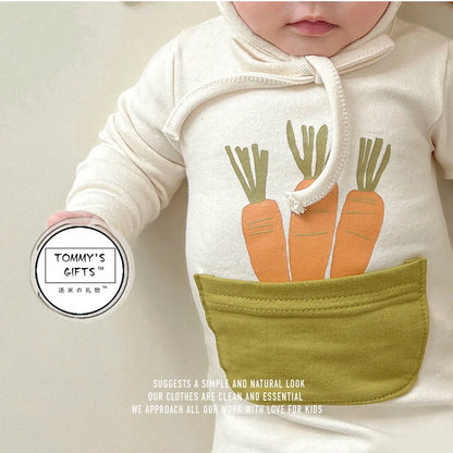 2025 INS ropa infantil para niña moda verano estampado de zanahoria diseño de conejito mameluco para bebé mono de algodón suave 0-24M otoño