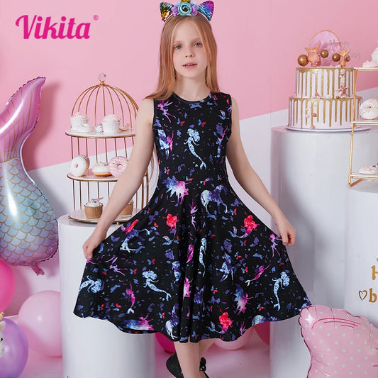 VIKITA, vestido con estampado de unicornio y mariposa de sirena para niños, Vestidos sin mangas de verano para niños, Vestidos informales de poliéster para vacaciones en la playa