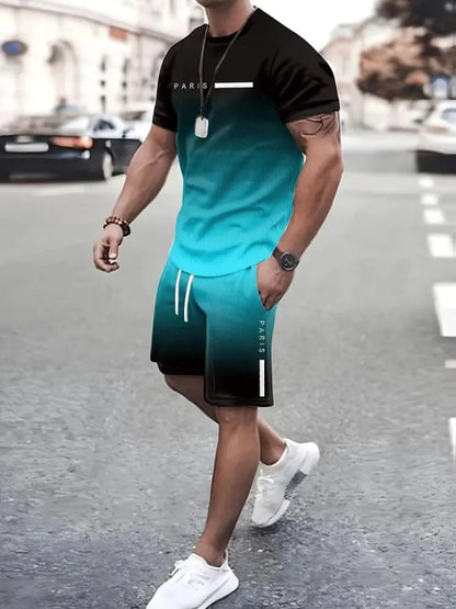 Sencillo de mármol con estampado en 3D, Top y Shorts de cuello redondo para hombres, moda urbana, traje informal de día a día para hombres