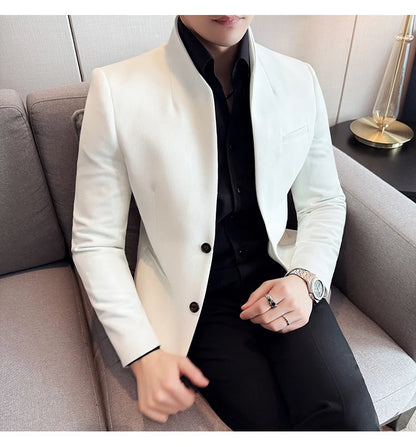 Chaqueta de traje con cuello levantado de alta calidad para hombre, chaquetas de negocios informales, abrigo coreano con gofres para boda, novio, banquete, vestido de fiesta, 2025