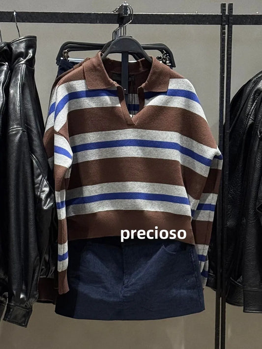 Suéter de Punto con Cuello Alto para Mujer, Estilo Dulce, a Rayas, con Bloques de Color, Corte Holgado, Cómodo, Transpirable,...