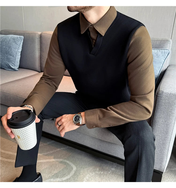Suéter de punto de alta calidad para hombre, camisa de lana gruesa con cuello empalmado, suéteres con cuello en V, suéter de punto de dos piezas para Otoño e Invierno
