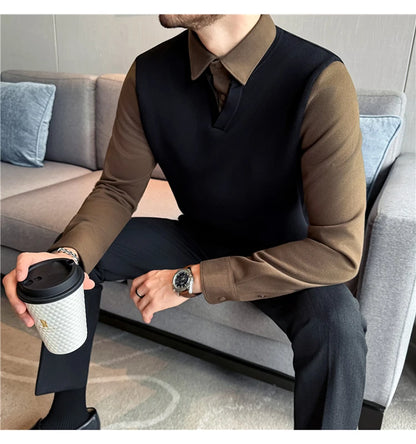 Suéter de punto de alta calidad para hombre, camisa de lana gruesa con cuello empalmado, suéteres con cuello en V, suéter de punto de dos piezas para Otoño e Invierno