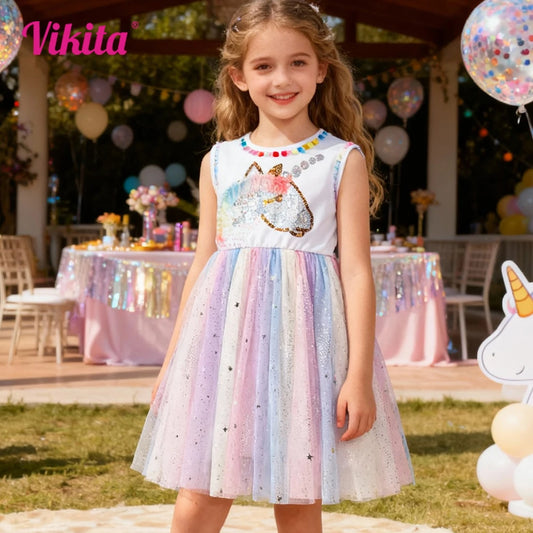 Vestido de verano sin mangas para niños pequeños, vestidos de tul estrellados coloridos con apliques de unicornio y lentejuelas de arcoíris, vestido de fiesta informal para niñas