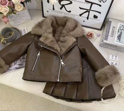 Conjunto de Otoño Invierno para niñas, chaqueta de cuero, nueva chaqueta de cuero gruesa coreana, Falda plisada de moda, conjunto de dos piezas, 2025