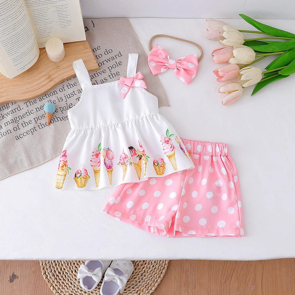 NOVEDAD DE VERANO 2025, Top con tirantes y estampado de helado para niña con pantalones cortos de lunares, conjunto informal de dos piezas para vacaciones